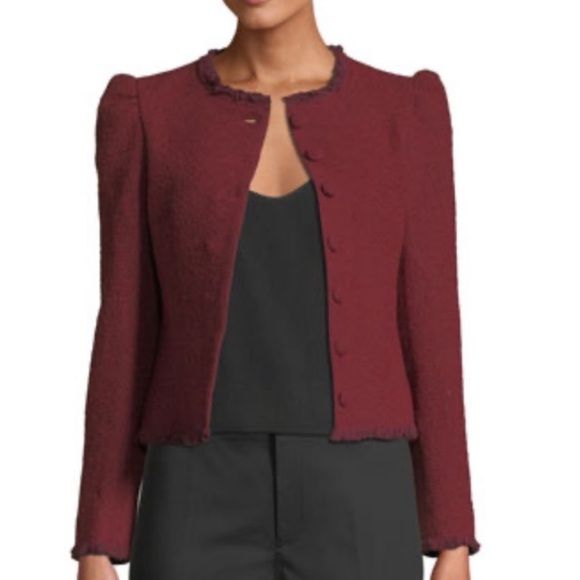 Club Monaco Blazer Cropped Puff-Shoulder Burgundy Blazer Jacket NWT - Picture 2 of 9
